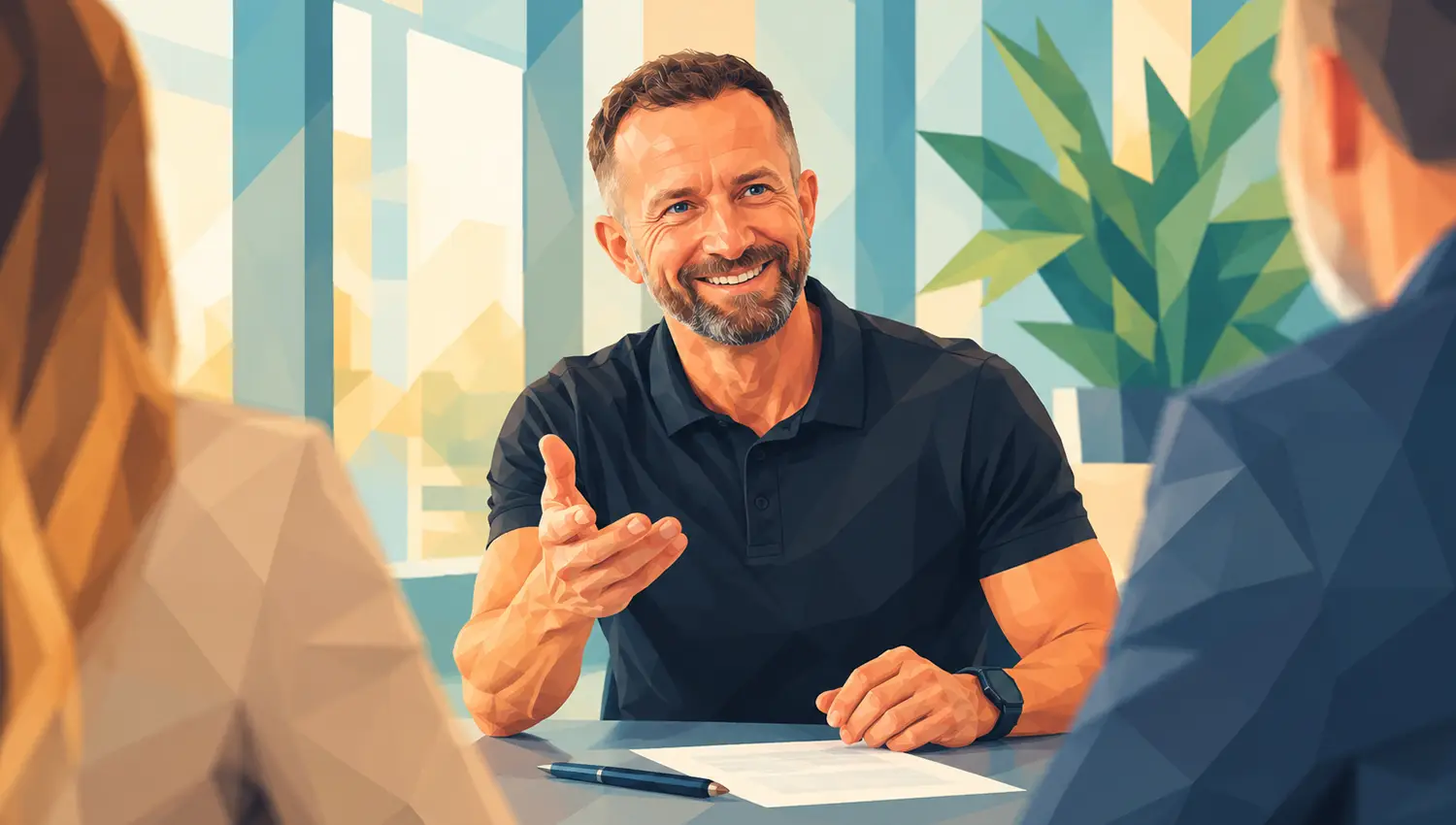 Illustrierter IT-Berater im schwarzen Poloshirt führt lächelnd ein Beratungsgespräch mit zwei Geschäftspartnern in einem modernen Büro.