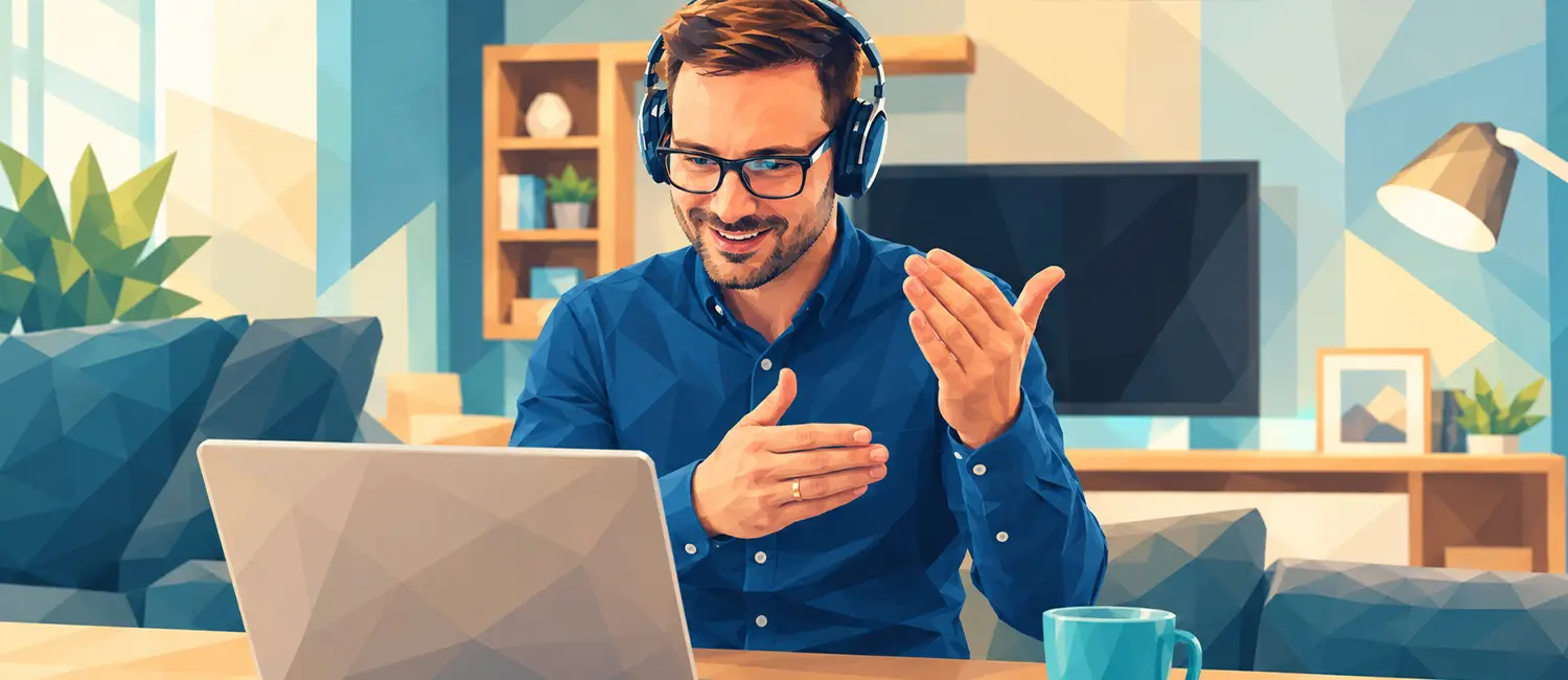 Geschäftsmann mit Headset und Brille führt ein Videogespräch am Laptop in einer modernen Arbeitsumgebung.