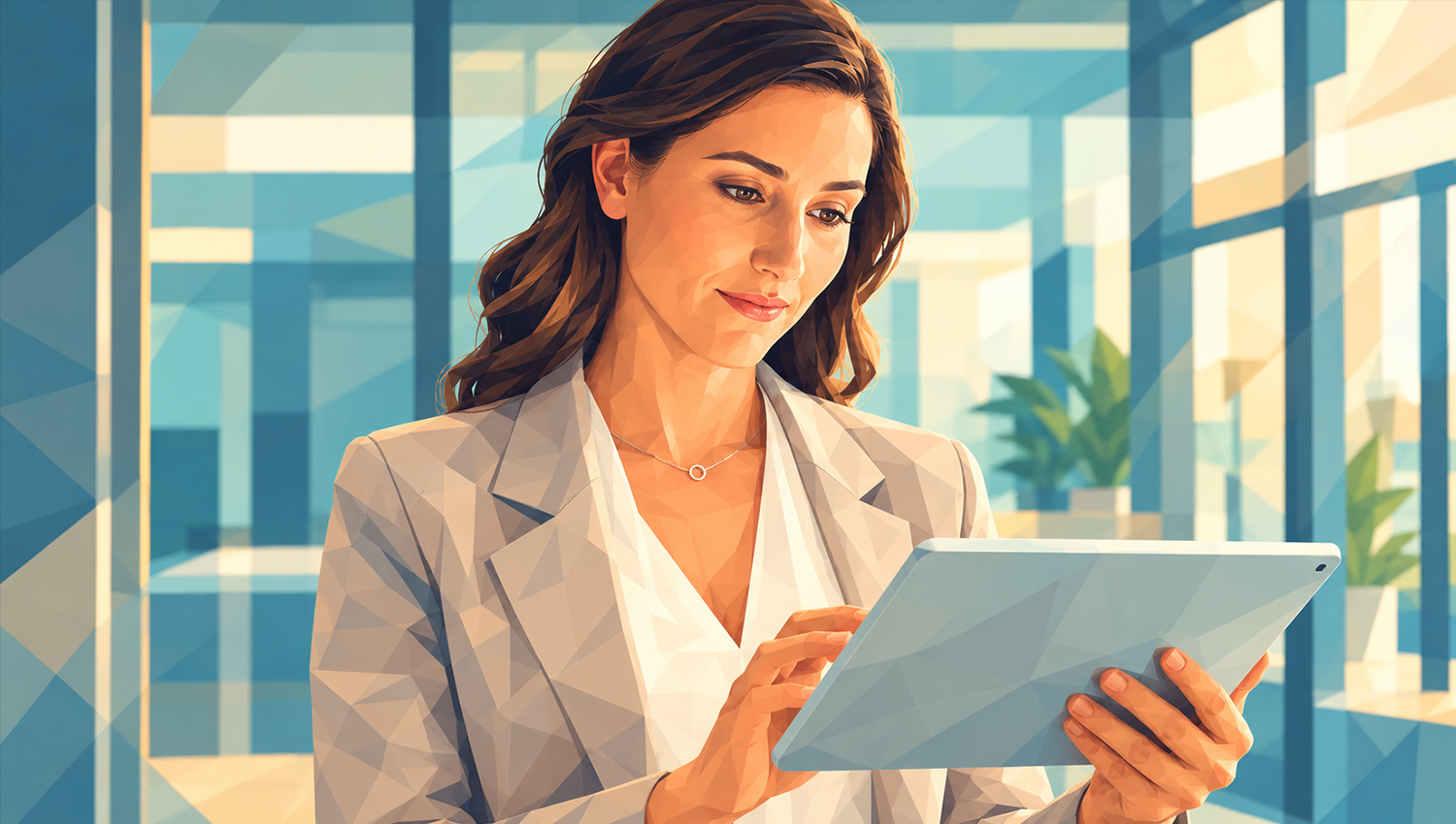 Illustrierte Geschäftsfrau im hellen Blazer arbeitet mit einem Tablet in einer modernen Büroumgebung.