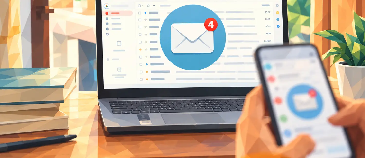 Laptop mit geöffnetem E-Mail-Postfach und Benachrichtigung über neue Nachrichten. Im Vordergrund bedient eine Person die E-Mail-Anwendung auf einem Smartphone.