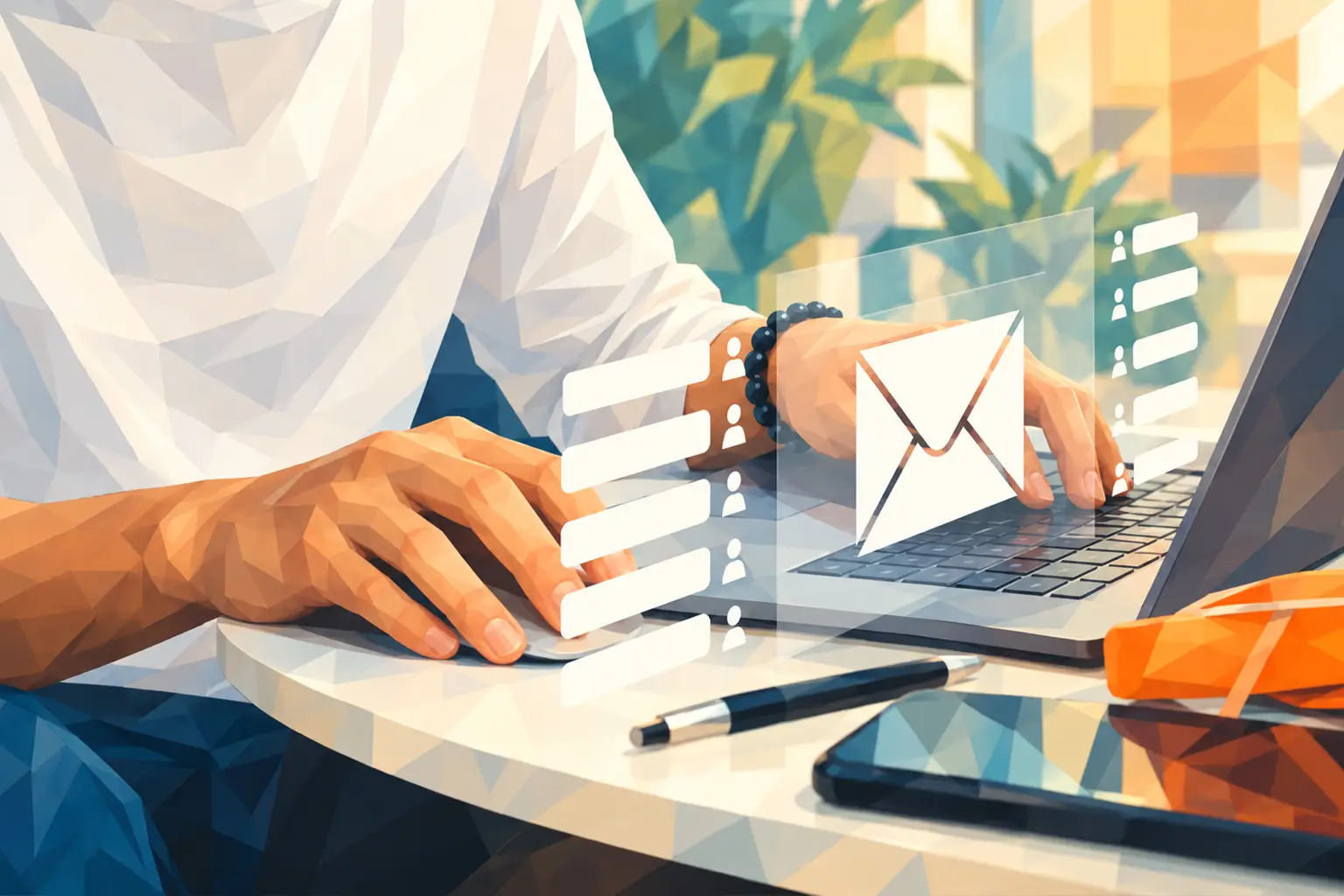 Person arbeitet an einem Laptop mit eingeblendeten E-Mail-Symbolen, digitalen Kontaktlisten und Benutzerprofilen zur Darstellung geschäftlicher E-Mail-Kommunikation