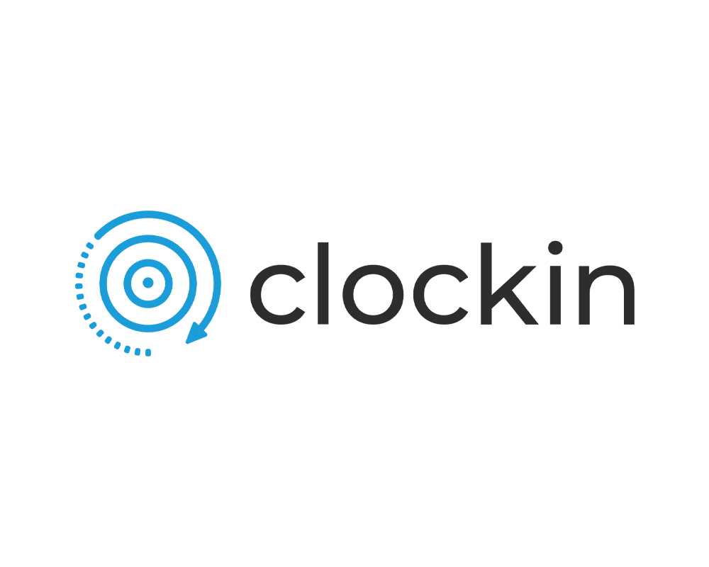 Logo von clockin mit blauem, kreisförmigem Symbol und schwarzem Schriftzug auf weißem Hintergrund.